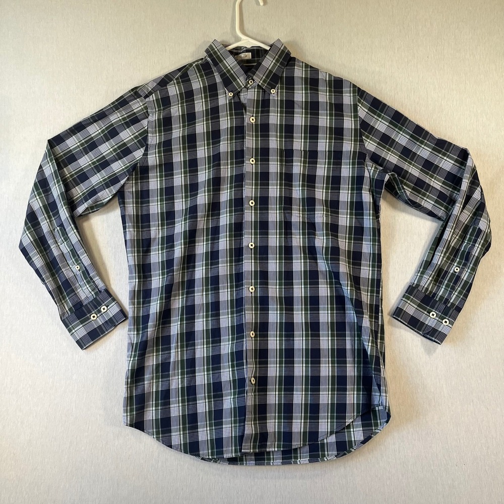 Peter Millar Shirt Mens Medium Navy Green Plaid Cotton Button Down Long Sleeve